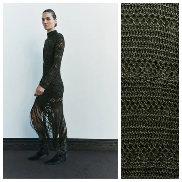 NWT. Zara Green Crochet Lace Dress with Fringe. Lining is missing. Size L. - Picture 3 of 14